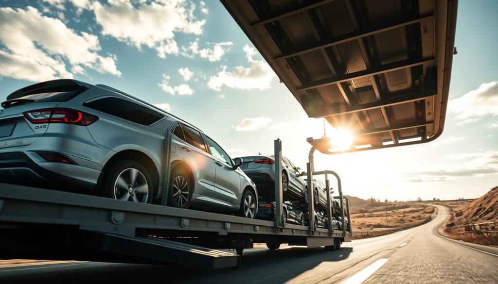 A sleek car carrier transporting a diverse array of vehicles under a bright, sun-dappled sky. In the foreground, a low-angle view showcases the carrier's sturdy frame and integrated ramps, exuding a sense of utility and efficiency. The mid-ground features a variety of car models neatly stacked, highlighting the carrier's versatility in accommodating different vehicle sizes and types. In the background, a winding road leads into the distance, suggesting the carrier's role in nationwide transportation. The scene is captured with a cinematic, wide-angle lens, conveying a sense of scale and emphasizing the practical yet stylish nature of the car carrier options available today.