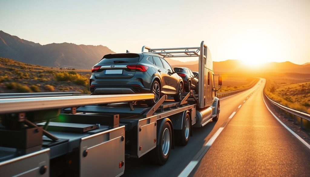 A sleek, metallic car carrier truck navigates the winding roads, transporting vehicles seamlessly from Utah to Florida. The foreground features the truck's powerful frame, with its hydraulic loading ramps and secure tie-down points. In the middle ground, the open highway stretches out, flanked by lush, rolling hills and the occasional towering peak. The background is bathed in a warm, golden sunset, casting a serene glow over the entire scene. The composition conveys a sense of efficiency, reliability, and the comfort of knowing your vehicle is in capable hands during its cross-country journey. A sleek, metallic car carrier truck navigates the winding roads, transporting vehicles seamlessly from Utah to Florida. The foreground features the truck's powerful frame, with its hydraulic loading ramps and secure tie-down points. In the middle ground, the open highway stretches out, flanked by lush, rolling hills and the occasional towering peak. The background is bathed in a warm, golden sunset, casting a serene glow over the entire scene. The composition conveys a sense of efficiency, reliability, and the comfort of knowing your vehicle is in capable hands during its cross-country journey.