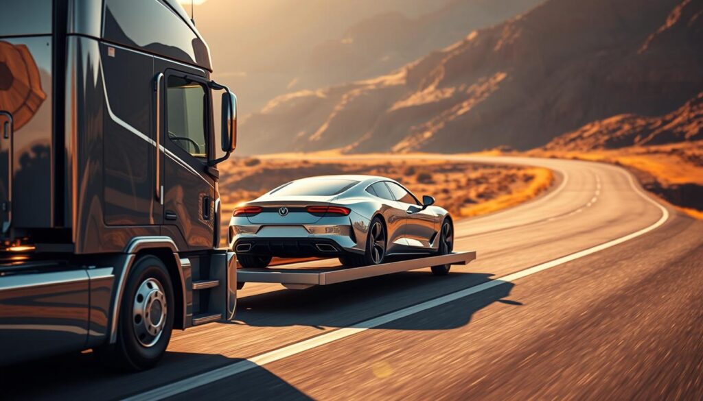 A sleek, modern auto transport truck transporting a shiny, silver luxury sedan on an open highway. The truck's cab is rendered in polished chrome with bold, aerodynamic lines, conveying a sense of speed and efficiency. In the middle ground, the sedan is meticulously detailed, with reflections dancing across its pristine surface. The background features a wide, winding road cutting through a rugged, mountainous landscape bathed in warm, golden afternoon light, creating a picturesque, cinematic scene. Subtle lens flare and depth-of-field blur add a touch of professional photography aesthetic. A sleek, modern auto transport truck transporting a shiny, silver luxury sedan on an open highway. The truck's cab is rendered in polished chrome with bold, aerodynamic lines, conveying a sense of speed and efficiency. In the middle ground, the sedan is meticulously detailed, with reflections dancing across its pristine surface. The background features a wide, winding road cutting through a rugged, mountainous landscape bathed in warm, golden afternoon light, creating a picturesque, cinematic scene. Subtle lens flare and depth-of-field blur add a touch of professional photography aesthetic.