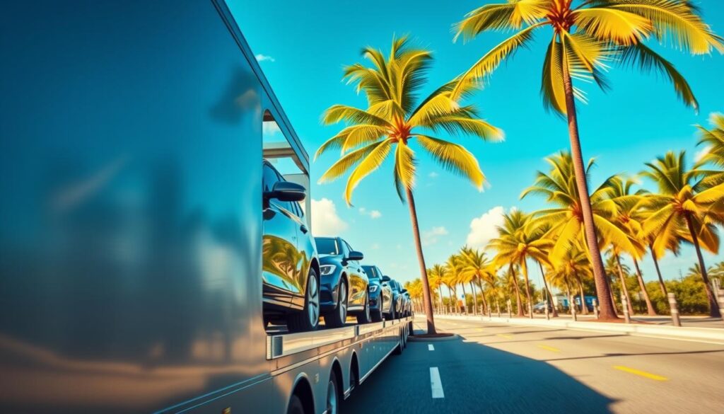A sleek, modern car carrier transporting vehicles on the sun-drenched highways of Florida. In the foreground, the glossy metallic surface of the trailer reflects the vibrant blue sky. The middle ground showcases the carefully arranged cars, each secured with precision. In the background, lush palm trees sway gently, framing the scene with a tropical ambiance. Warm, golden sunlight bathes the entire composition, creating a sense of warmth and efficiency. The camera angle is slightly elevated, providing a dynamic perspective that emphasizes the scale and professionalism of the car shipping service. A sleek, modern car carrier transporting vehicles on the sun-drenched highways of Florida. In the foreground, the glossy metallic surface of the trailer reflects the vibrant blue sky. The middle ground showcases the carefully arranged cars, each secured with precision. In the background, lush palm trees sway gently, framing the scene with a tropical ambiance. Warm, golden sunlight bathes the entire composition, creating a sense of warmth and efficiency. The camera angle is slightly elevated, providing a dynamic perspective that emphasizes the scale and professionalism of the car shipping service.