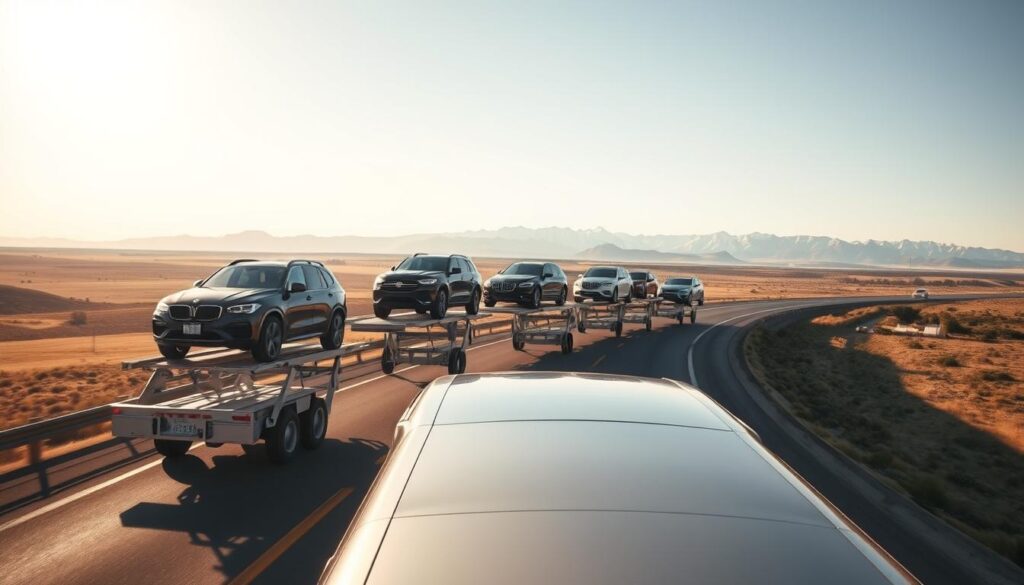 A sleek, modern car carrier transports multiple vehicles across the open highway, cutting through the sprawling landscape of the American Midwest. In the foreground, the car carrier's metallic chassis gleams under the warm, golden sunlight, while the cargo it carries, a diverse array of makes and models, are neatly secured atop the sturdy platform. The middle ground reveals a winding interstate highway, cutting through rolling hills and scattered rural settlements, signaling the journey from Ohio to California. In the distant background, the majestic silhouettes of the Rocky Mountains rise, their snow-capped peaks hinting at the vast expanse ahead. The scene conveys a sense of efficiency, reliability, and the quintessential American road trip experience. A sleek, modern car carrier transports multiple vehicles across the open highway, cutting through the sprawling landscape of the American Midwest. In the foreground, the car carrier's metallic chassis gleams under the warm, golden sunlight, while the cargo it carries, a diverse array of makes and models, are neatly secured atop the sturdy platform. The middle ground reveals a winding interstate highway, cutting through rolling hills and scattered rural settlements, signaling the journey from Ohio to California. In the distant background, the majestic silhouettes of the Rocky Mountains rise, their snow-capped peaks hinting at the vast expanse ahead. The scene conveys a sense of efficiency, reliability, and the quintessential American road trip experience.