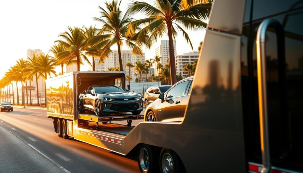 A sleek, modern car carrier truck navigates the bustling streets of Sarasota, Florida. The vehicle's metallic exterior gleams under the warm, golden sunlight, casting soft shadows on the palm trees lining the roadside. In the middle ground, several expertly secured vehicles await their destination, ready to be transported with the utmost care and efficiency. The background features the iconic Sarasota skyline, with its palm-fringed beaches and vibrant city life. The scene conveys a sense of professionalism, reliability, and the seamless integration of Sarasota's car shipping services into the local landscape. A sleek, modern car carrier truck navigates the bustling streets of Sarasota, Florida. The vehicle's metallic exterior gleams under the warm, golden sunlight, casting soft shadows on the palm trees lining the roadside. In the middle ground, several expertly secured vehicles await their destination, ready to be transported with the utmost care and efficiency. The background features the iconic Sarasota skyline, with its palm-fringed beaches and vibrant city life. The scene conveys a sense of professionalism, reliability, and the seamless integration of Sarasota's car shipping services into the local landscape.