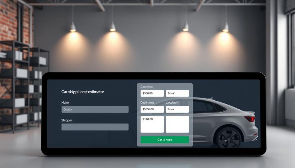 A sleek, modern car shipping cost estimator interface set against a backdrop of a minimalist, industrial-style workspace. The foreground features a clean, intuitive user interface with input fields for details like vehicle make, model, and shipping destination. The middle ground showcases a 3D rendered vehicle model, rotated to showcase different angles. The background is a subtle, gray-toned office setting with exposed brick walls, metal shelving, and task lighting casting warm, directional illumination. The overall mood is one of efficiency, professionalism, and technological sophistication, reflecting the practical nature of the car shipping cost estimation process. A sleek, modern car shipping cost estimator interface set against a backdrop of a minimalist, industrial-style workspace. The foreground features a clean, intuitive user interface with input fields for details like vehicle make, model, and shipping destination. The middle ground showcases a 3D rendered vehicle model, rotated to showcase different angles. The background is a subtle, gray-toned office setting with exposed brick walls, metal shelving, and task lighting casting warm, directional illumination. The overall mood is one of efficiency, professionalism, and technological sophistication, reflecting the practical nature of the car shipping cost estimation process.