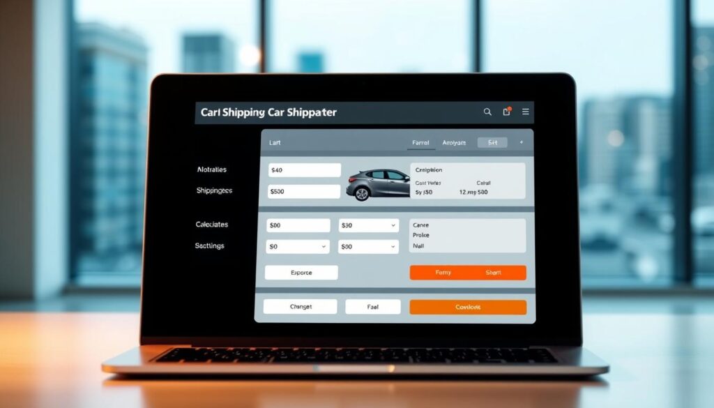 A sleek, modern car shipping rates calculator interface displayed on a laptop screen in a well-lit, minimalist office setting. The foreground features a clean, user-friendly design with intuitive input fields, toggle switches, and clear call-to-action buttons. The middle ground shows a 3D rendered model of a car being transported, conveying the service being offered. The background features a blurred cityscape through a large window, suggesting a professional, corporate atmosphere. Subtle ambient lighting casts a warm glow, creating a sense of productivity and efficiency. The overall composition highlights the practical, straightforward nature of the car shipping cost calculator tool.