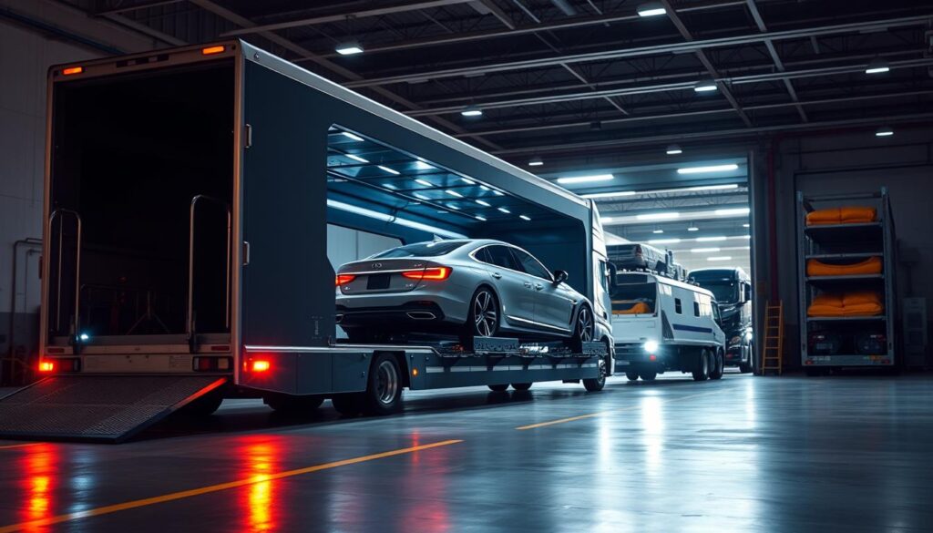 A sleek, modern car transport service with a fleet of well-maintained, specialized haulers. In the foreground, a state-of-the-art car carrier truck, its ramp lowered, ready to safely load and transport a luxury sedan. In the middle ground, a car being carefully loaded onto the carrier's secure deck. The background features a clean, well-lit logistics facility with a streamlined workflow, emphasizing the professionalism and attention to detail of the car transport service. Warm, directional lighting casts subtle shadows, creating depth and atmosphere. The overall scene conveys a sense of efficiency, reliability, and trust in the car transport provider's capabilities. A sleek, modern car transport service with a fleet of well-maintained, specialized haulers. In the foreground, a state-of-the-art car carrier truck, its ramp lowered, ready to safely load and transport a luxury sedan. In the middle ground, a car being carefully loaded onto the carrier's secure deck. The background features a clean, well-lit logistics facility with a streamlined workflow, emphasizing the professionalism and attention to detail of the car transport service. Warm, directional lighting casts subtle shadows, creating depth and atmosphere. The overall scene conveys a sense of efficiency, reliability, and trust in the car transport provider's capabilities.