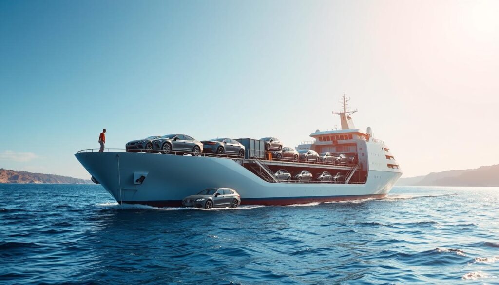 A sleek, modern cargo ship gently glides across the calm blue waters, its hull laden with a diverse array of vehicles - from shiny sports cars to sturdy SUVs. In the foreground, a team of skilled workers expertly secures the cars, ensuring their safe passage. The mid-ground reveals the ship's impressive loading ramp, a testament to the efficiency of vehicle shipping logistics. In the background, a picturesque coastal landscape provides a serene backdrop, with a clear sky and the sun's warm rays reflecting off the ship's metal frame. The scene conveys a sense of professionalism, reliability, and the seamless transportation of valuable cargo, perfectly capturing the essence of "vehicle shipping services." A sleek, modern cargo ship gently glides across the calm blue waters, its hull laden with a diverse array of vehicles - from shiny sports cars to sturdy SUVs. In the foreground, a team of skilled workers expertly secures the cars, ensuring their safe passage. The mid-ground reveals the ship's impressive loading ramp, a testament to the efficiency of vehicle shipping logistics. In the background, a picturesque coastal landscape provides a serene backdrop, with a clear sky and the sun's warm rays reflecting off the ship's metal frame. The scene conveys a sense of professionalism, reliability, and the seamless transportation of valuable cargo, perfectly capturing the essence of "vehicle shipping services."