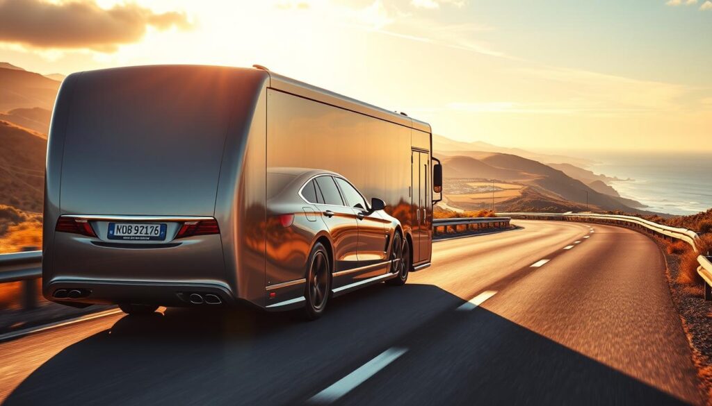 A sleek, modern enclosed car carrier transports a high-end luxury sedan down a winding coastal highway. The carrier's enclosed design shields the vehicle from the elements, ensuring a safe and secure journey. The sun casts warm, golden light across the carrier's metallic exterior, creating a sense of prestige and protection. In the background, rolling hills and a serene ocean vista create a picturesque backdrop, emphasizing the benefits of enclosed transportation for valuable automobiles. The scene conveys the peace of mind and attention to detail that comes with entrusting your prized possession to an enclosed car shipping service. A sleek, modern enclosed car carrier transports a high-end luxury sedan down a winding coastal highway. The carrier's enclosed design shields the vehicle from the elements, ensuring a safe and secure journey. The sun casts warm, golden light across the carrier's metallic exterior, creating a sense of prestige and protection. In the background, rolling hills and a serene ocean vista create a picturesque backdrop, emphasizing the benefits of enclosed transportation for valuable automobiles. The scene conveys the peace of mind and attention to detail that comes with entrusting your prized possession to an enclosed car shipping service.