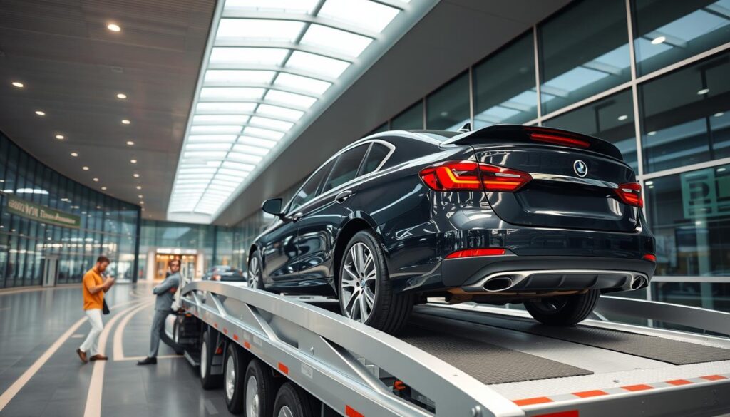 A sleek, modern terminal serves as the backdrop, its glass and steel architecture gleaming under crisp, directional lighting. In the foreground, a shiny, well-maintained car is carefully loaded onto a specialized car carrier, its glossy paint and chrome accents reflecting the efficient, professional handling. The scene conveys the seamless, hassle-free experience of terminal-to-terminal auto shipping, with the benefits of secure transport, minimal handling, and the peace of mind of a centralized pickup and delivery location. The overall atmosphere is one of efficiency, reliability, and the expertise of the transport service, setting the stage for the article's exploration of the advantages of this transportation method. A sleek, modern terminal serves as the backdrop, its glass and steel architecture gleaming under crisp, directional lighting. In the foreground, a shiny, well-maintained car is carefully loaded onto a specialized car carrier, its glossy paint and chrome accents reflecting the efficient, professional handling. The scene conveys the seamless, hassle-free experience of terminal-to-terminal auto shipping, with the benefits of secure transport, minimal handling, and the peace of mind of a centralized pickup and delivery location. The overall atmosphere is one of efficiency, reliability, and the expertise of the transport service, setting the stage for the article's exploration of the advantages of this transportation method.