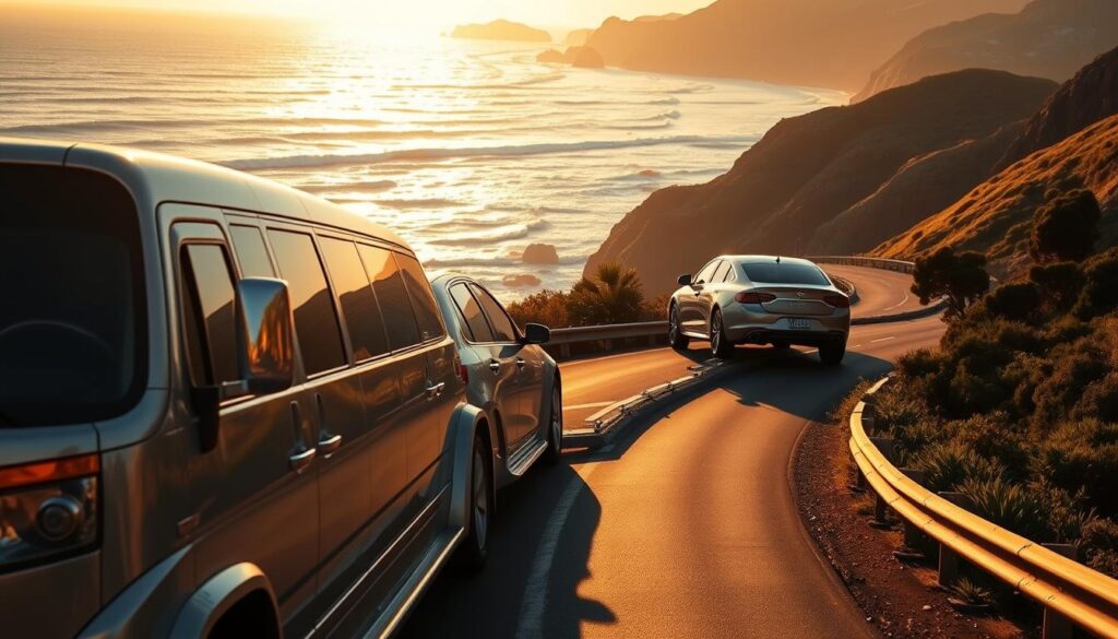 A sleek, silver car carrier transports a row of shiny automobiles down a winding, coastal highway. The sun casts a warm, golden glow across the scene, illuminating the crashing waves and rugged cliffs in the distance. In the foreground, the car carrier's chrome details glisten, while its massive tires navigate the gentle curves of the road. The middle ground features lush, verdant foliage and the occasional roadside marker, guiding the viewer's eye towards the breathtaking oceanscape in the background. The overall atmosphere conveys a sense of seamless, efficient transportation against the backdrop of a picturesque, American coastline. A sleek, silver car carrier transports a row of shiny automobiles down a winding, coastal highway. The sun casts a warm, golden glow across the scene, illuminating the crashing waves and rugged cliffs in the distance. In the foreground, the car carrier's chrome details glisten, while its massive tires navigate the gentle curves of the road. The middle ground features lush, verdant foliage and the occasional roadside marker, guiding the viewer's eye towards the breathtaking oceanscape in the background. The overall atmosphere conveys a sense of seamless, efficient transportation against the backdrop of a picturesque, American coastline.