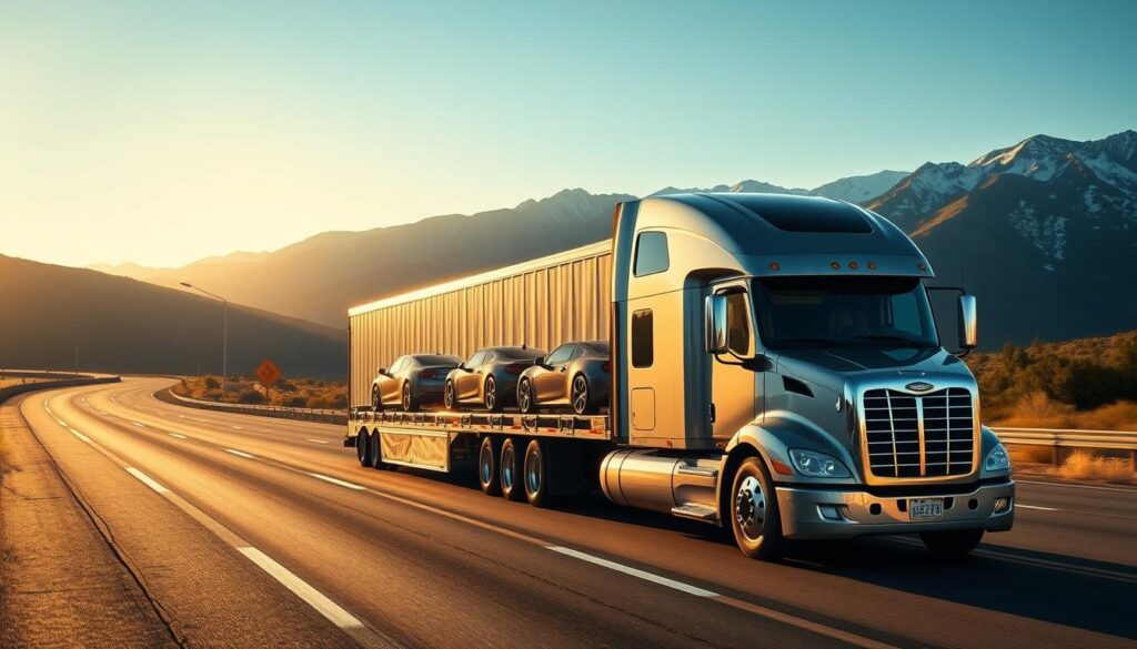 A sleek, silver car carrier truck navigates the winding roads of California, its trailer loaded with shiny, well-maintained vehicles. The sun casts a warm, golden glow, creating long shadows that stretch across the asphalt. In the background, the majestic Sierra Nevada mountains rise, their snow-capped peaks reaching towards the clear, azure sky. The truck's driver, a seasoned professional, expertly maneuvers the vehicle, ensuring a safe and secure journey as the cars are transported from the sunny West Coast to the rolling hills of Georgia. The scene conveys a sense of efficiency, reliability, and attention to detail, reflecting the care and expertise required for professional car shipping. A sleek, silver car carrier truck navigates the winding roads of California, its trailer loaded with shiny, well-maintained vehicles. The sun casts a warm, golden glow, creating long shadows that stretch across the asphalt. In the background, the majestic Sierra Nevada mountains rise, their snow-capped peaks reaching towards the clear, azure sky. The truck's driver, a seasoned professional, expertly maneuvers the vehicle, ensuring a safe and secure journey as the cars are transported from the sunny West Coast to the rolling hills of Georgia. The scene conveys a sense of efficiency, reliability, and attention to detail, reflecting the care and expertise required for professional car shipping.