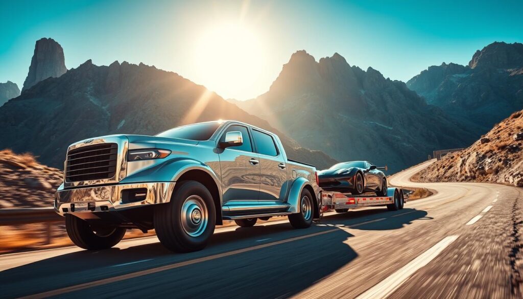 A sleek, silver hotshot car hauler navigates a winding mountain road, its trailer carrying a gleaming sports car. The sun casts a warm glow, illuminating the vehicle's chrome accents and the rugged terrain. In the foreground, the hauler's massive tires grip the asphalt, while its powerful engine rumbles. In the background, towering peaks rise against a vibrant, azure sky. The scene conveys a sense of speed, precision, and the ability to transport high-performance vehicles with safety and efficiency. A sleek, silver hotshot car hauler navigates a winding mountain road, its trailer carrying a gleaming sports car. The sun casts a warm glow, illuminating the vehicle's chrome accents and the rugged terrain. In the foreground, the hauler's massive tires grip the asphalt, while its powerful engine rumbles. In the background, towering peaks rise against a vibrant, azure sky. The scene conveys a sense of speed, precision, and the ability to transport high-performance vehicles with safety and efficiency.