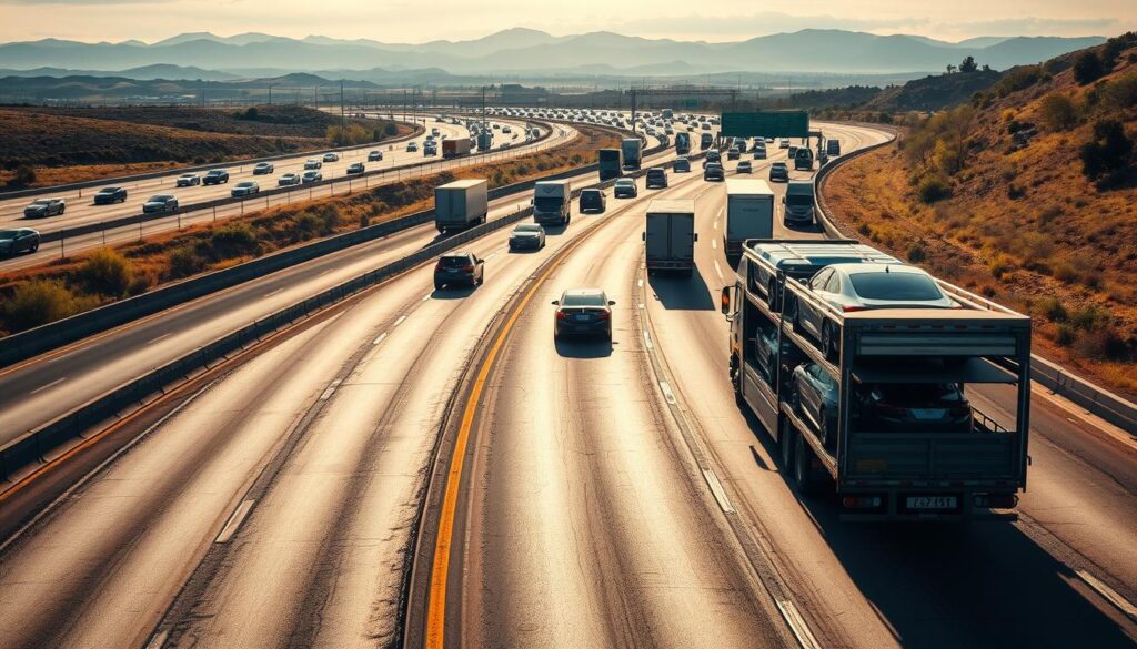 A sprawling interstate highway, sunlight casting a warm glow on the weathered asphalt. In the foreground, a gleaming car carrier truck navigates the winding lanes, its cargo of pristine vehicles secured on the open trailer. The mid-ground features a mix of commuter cars, SUVs, and heavy-duty trucks, all moving in a steady rhythm. In the background, distant mountains and rolling hills provide a picturesque backdrop, hinting at the journey these vehicles have undertaken. The scene evokes a sense of efficiency, reliability, and the essential role of vehicle transport in modern life. A sprawling interstate highway, sunlight casting a warm glow on the weathered asphalt. In the foreground, a gleaming car carrier truck navigates the winding lanes, its cargo of pristine vehicles secured on the open trailer. The mid-ground features a mix of commuter cars, SUVs, and heavy-duty trucks, all moving in a steady rhythm. In the background, distant mountains and rolling hills provide a picturesque backdrop, hinting at the journey these vehicles have undertaken. The scene evokes a sense of efficiency, reliability, and the essential role of vehicle transport in modern life.