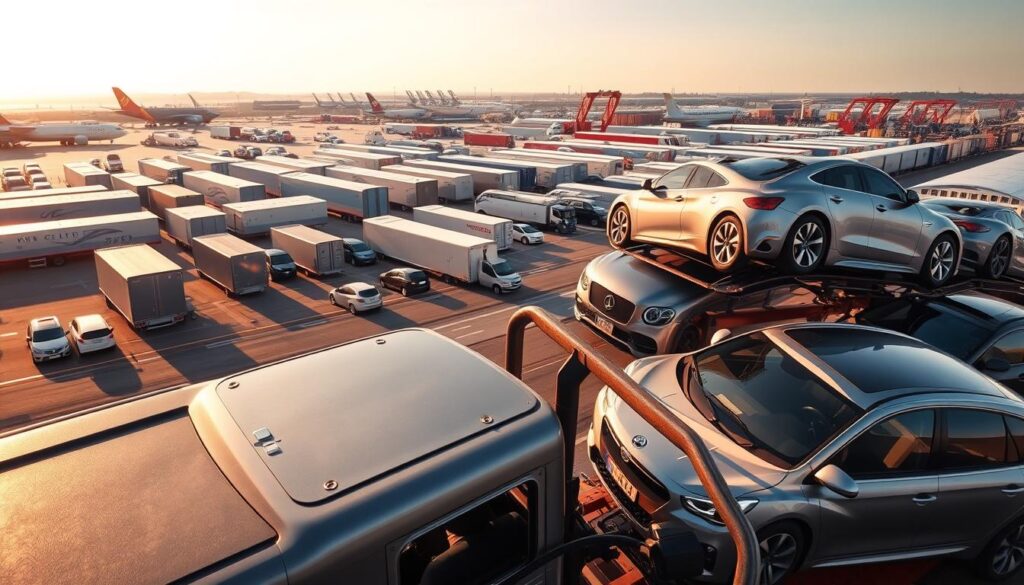 A sprawling scene of diverse vehicle transportation options, captured with a wide-angle lens in a warm, golden hour lighting. In the foreground, a car carrier truck loaded with gleaming automobiles, its driver's face visible through the windshield. In the middle ground, a fleet of enclosed car transport trailers, their reflective surfaces catching the sunlight. In the background, a bustling transportation hub, with various modes of vehicle conveyance, including trains, ships, and aircraft, all seamlessly integrated into the comprehensive transportation network. The overall atmosphere conveys the efficiency, reliability, and professionalism of the car transport industry. A sprawling scene of diverse vehicle transportation options, captured with a wide-angle lens in a warm, golden hour lighting. In the foreground, a car carrier truck loaded with gleaming automobiles, its driver's face visible through the windshield. In the middle ground, a fleet of enclosed car transport trailers, their reflective surfaces catching the sunlight. In the background, a bustling transportation hub, with various modes of vehicle conveyance, including trains, ships, and aircraft, all seamlessly integrated into the comprehensive transportation network. The overall atmosphere conveys the efficiency, reliability, and professionalism of the car transport industry.