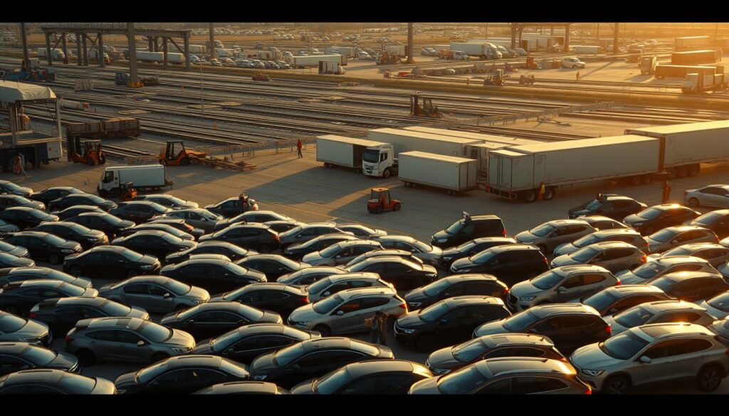 A sprawling transportation hub, captured in a cinematic wide-angle shot. In the foreground, a fleet of diverse vehicles - sedans, SUVs, and cargo trucks - neatly arranged, ready for shipping. The middle ground features a bustling loading zone, with forklifts and workers meticulously securing the vehicles onto specialized transport carriers. In the background, a network of highways and railways, hinting at the extensive logistics network that enables the seamless movement of these automobiles across the United States. Warm, golden lighting filters through the scene, creating a sense of efficiency and professionalism. The overall composition conveys the scale, organization, and importance of the vehicle shipping industry.
