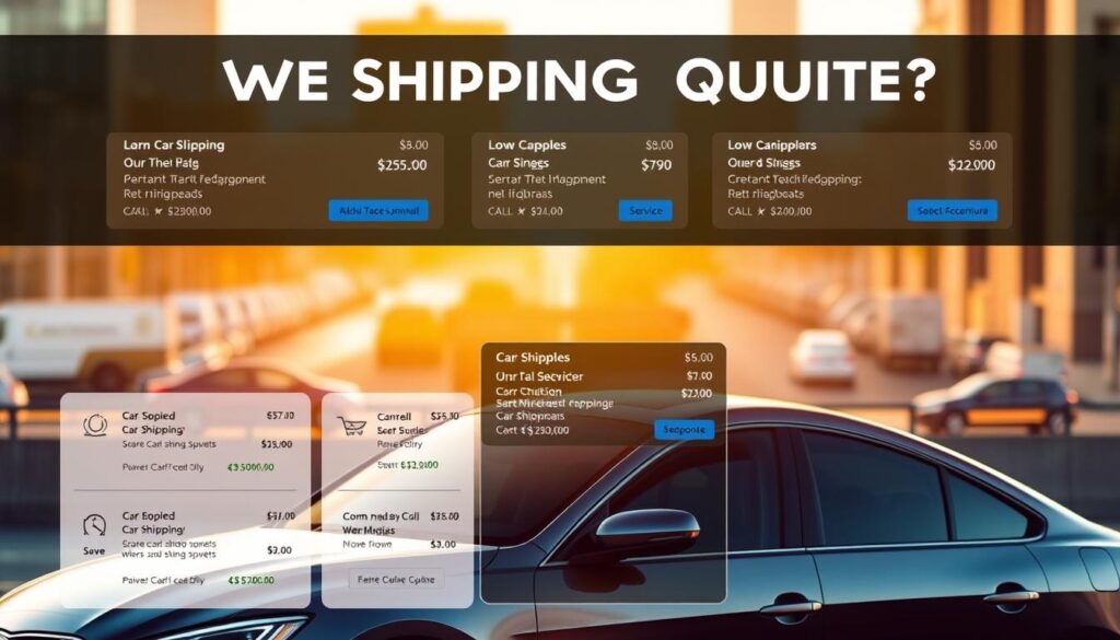 A striking visual comparison of online car shipping quotes, showcasing the benefits of shopping around. In the foreground, a sleek, modern sedan is prominently displayed, its metallic finish glistening under warm, natural lighting. In the middle ground, a series of overlapping digital interfaces displaying various car shipping quote options, each with distinct pricing and service details. The background is a softly blurred cityscape, hinting at the convenience of obtaining these quotes from the comfort of one's own device. The overall scene conveys a sense of informed decision-making, empowering the viewer to make the best choice for their car shipping needs. A striking visual comparison of online car shipping quotes, showcasing the benefits of shopping around. In the foreground, a sleek, modern sedan is prominently displayed, its metallic finish glistening under warm, natural lighting. In the middle ground, a series of overlapping digital interfaces displaying various car shipping quote options, each with distinct pricing and service details. The background is a softly blurred cityscape, hinting at the convenience of obtaining these quotes from the comfort of one's own device. The overall scene conveys a sense of informed decision-making, empowering the viewer to make the best choice for their car shipping needs.