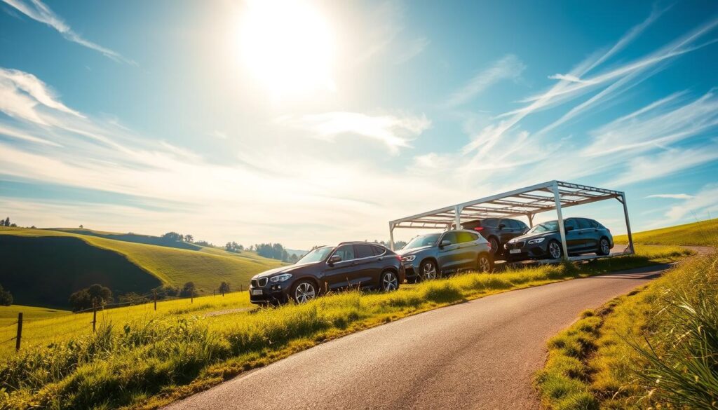 A sun-dappled open car carrier stands on a winding country road, its metallic frame gleaming in the warm light. In the foreground, a row of shiny, diverse vehicles are neatly arranged, their bodies reflecting the lush, verdant landscape. The carrier's hydraulic ramps are extended, inviting the viewer to imagine the careful loading and unloading process. Overhead, a clear blue sky is dotted with wispy clouds, creating a sense of tranquility and openness. The scene conveys the safety and security of the open car transport process, showcasing the meticulous attention to detail and the seamless integration of the vehicles into their natural surroundings. A sun-dappled open car carrier stands on a winding country road, its metallic frame gleaming in the warm light. In the foreground, a row of shiny, diverse vehicles are neatly arranged, their bodies reflecting the lush, verdant landscape. The carrier's hydraulic ramps are extended, inviting the viewer to imagine the careful loading and unloading process. Overhead, a clear blue sky is dotted with wispy clouds, creating a sense of tranquility and openness. The scene conveys the safety and security of the open car transport process, showcasing the meticulous attention to detail and the seamless integration of the vehicles into their natural surroundings.