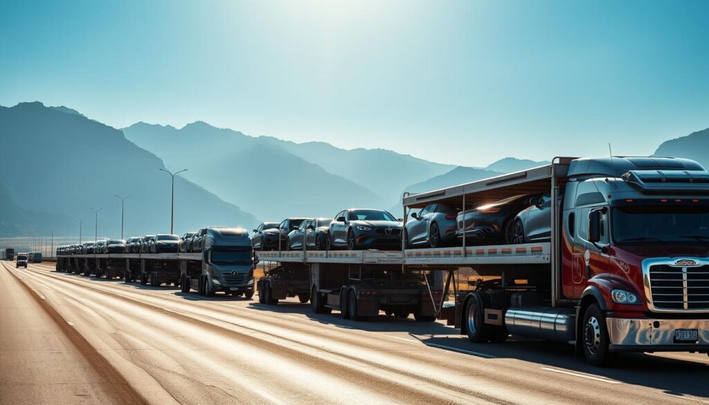 A sun-drenched highway stretches into the distance, flanked by towering mountains and a vast, azure sky. In the foreground, a fleet of shiny, well-maintained transport trucks stand ready, their cargo holds filled with an array of sleek, gleaming vehicles. The trucks are expertly maneuvered by experienced drivers, their faces determined as they ensure the safe delivery of their precious cargo. The scene exudes a sense of professionalism and efficiency, capturing the essence of a reliable and trustworthy vehicle transport service. A sun-drenched highway stretches into the distance, flanked by towering mountains and a vast, azure sky. In the foreground, a fleet of shiny, well-maintained transport trucks stand ready, their cargo holds filled with an array of sleek, gleaming vehicles. The trucks are expertly maneuvered by experienced drivers, their faces determined as they ensure the safe delivery of their precious cargo. The scene exudes a sense of professionalism and efficiency, capturing the essence of a reliable and trustworthy vehicle transport service.