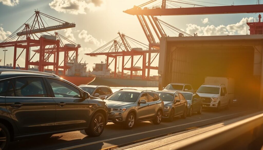A sun-drenched port in Puerto Rico, cargo ships and cranes lining the docks. In the foreground, a fleet of vehicles - sedans, SUVs, and trucks - being carefully loaded onto a vessel for transport. The scene is bathed in warm, golden light, creating a sense of energy and efficiency. The vehicles are captured from a low angle, emphasizing their size and power, while the background is softly blurred, keeping the focus on the loading process. The overall atmosphere conveys the reliable, professional nature of the car shipping industry in Puerto Rico. A sun-drenched port in Puerto Rico, cargo ships and cranes lining the docks. In the foreground, a fleet of vehicles - sedans, SUVs, and trucks - being carefully loaded onto a vessel for transport. The scene is bathed in warm, golden light, creating a sense of energy and efficiency. The vehicles are captured from a low angle, emphasizing their size and power, while the background is softly blurred, keeping the focus on the loading process. The overall atmosphere conveys the reliable, professional nature of the car shipping industry in Puerto Rico.