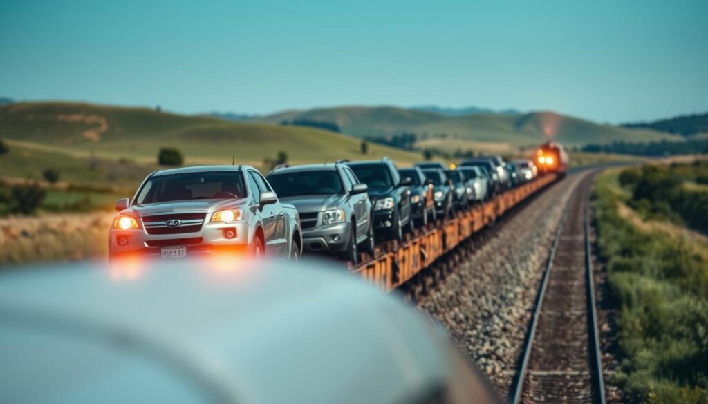 A train car carrying multiple vehicles in the foreground, its engine visible in the middle distance. The train is moving through a scenic countryside landscape, with rolling hills and a clear blue sky in the background. The vehicles on the train are a mix of sedans, SUVs, and pickup trucks, neatly arranged and secured for safe transport. The train's headlights illuminate the scene, casting a warm, golden glow. The composition is balanced, with the train and its cargo taking up the majority of the frame, surrounded by the natural environment. The overall mood is one of efficiency, reliability, and the seamless transportation of valuable cargo. A train car carrying multiple vehicles in the foreground, its engine visible in the middle distance. The train is moving through a scenic countryside landscape, with rolling hills and a clear blue sky in the background. The vehicles on the train are a mix of sedans, SUVs, and pickup trucks, neatly arranged and secured for safe transport. The train's headlights illuminate the scene, casting a warm, golden glow. The composition is balanced, with the train and its cargo taking up the majority of the frame, surrounded by the natural environment. The overall mood is one of efficiency, reliability, and the seamless transportation of valuable cargo.
