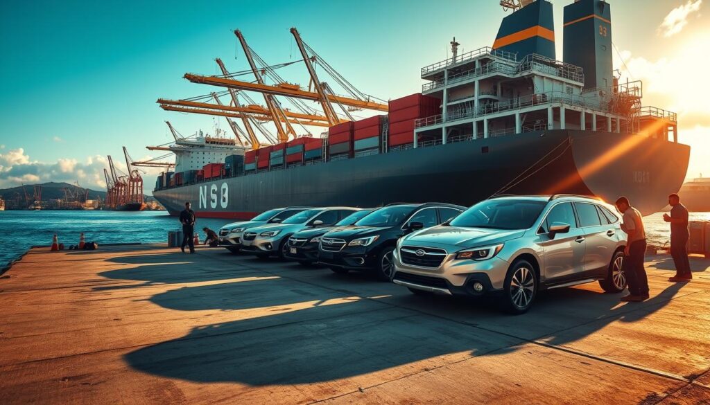 A vast cargo ship gently docking at the bustling port of San Juan, Puerto Rico. In the foreground, a row of shiny new automobiles awaits their disembarkation, their reflections rippling on the calm harbor waters. The sun's golden rays illuminate the scene, casting warm shadows across the dock's weathered concrete. Longshoremen expertly guide the vehicles, their practiced movements a testament to the well-oiled logistics of the car shipping process. The towering cranes and cargo containers in the background create a sense of scale, underscoring the efficient transportation network that connects the mainland United States to this Caribbean island paradise. A vast cargo ship gently docking at the bustling port of San Juan, Puerto Rico. In the foreground, a row of shiny new automobiles awaits their disembarkation, their reflections rippling on the calm harbor waters. The sun's golden rays illuminate the scene, casting warm shadows across the dock's weathered concrete. Longshoremen expertly guide the vehicles, their practiced movements a testament to the well-oiled logistics of the car shipping process. The towering cranes and cargo containers in the background create a sense of scale, underscoring the efficient transportation network that connects the mainland United States to this Caribbean island paradise.