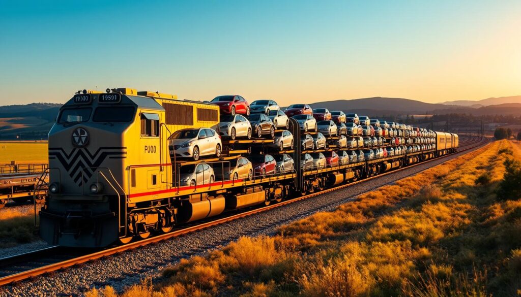 A vast freight train steadily glides down the tracks, its cars laden with rows of automobiles of various makes and models. The train's sleek metallic body glistens under the warm, golden light of the sun, casting long shadows on the surrounding landscape. In the foreground, the train's powerful engine leads the way, its massive wheels turning with purpose. The middle ground showcases the carefully stacked vehicles, their shiny exteriors reflecting the vibrant colors of the sky. In the background, the horizon is dotted with rolling hills and lush greenery, creating a serene and picturesque setting for this efficient car transportation system. A vast freight train steadily glides down the tracks, its cars laden with rows of automobiles of various makes and models. The train's sleek metallic body glistens under the warm, golden light of the sun, casting long shadows on the surrounding landscape. In the foreground, the train's powerful engine leads the way, its massive wheels turning with purpose. The middle ground showcases the carefully stacked vehicles, their shiny exteriors reflecting the vibrant colors of the sky. In the background, the horizon is dotted with rolling hills and lush greenery, creating a serene and picturesque setting for this efficient car transportation system.
