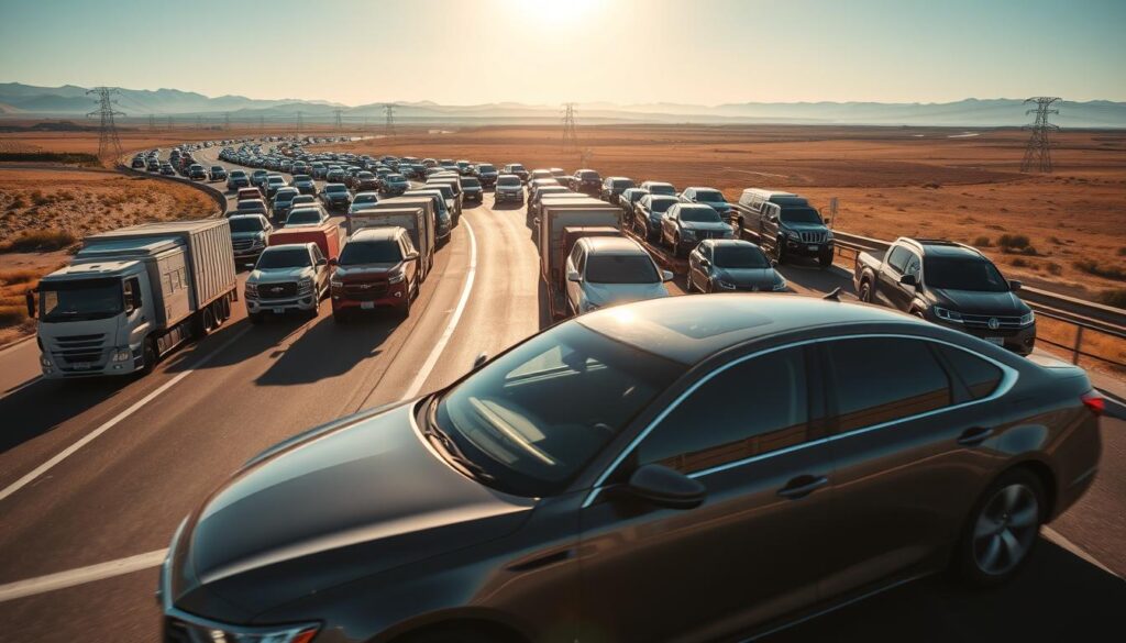 A vast network of transport trucks snaking across a sun-drenched highway, hauling a diverse fleet of cars and SUVs in their cargo beds. In the foreground, a sleek sedan rests securely, its polished exterior gleaming in the warm light. The middle ground features a mix of vehicles, each meticulously secured and arranged for efficient cross-country transport. In the background, a panoramic vista of rolling hills and distant mountains, framed by a clear, azure sky. The scene exudes a sense of effortless mobility, with the transport trucks navigating the open road with precision and care, delivering vehicles to their destinations with the utmost professionalism. A vast network of transport trucks snaking across a sun-drenched highway, hauling a diverse fleet of cars and SUVs in their cargo beds. In the foreground, a sleek sedan rests securely, its polished exterior gleaming in the warm light. The middle ground features a mix of vehicles, each meticulously secured and arranged for efficient cross-country transport. In the background, a panoramic vista of rolling hills and distant mountains, framed by a clear, azure sky. The scene exudes a sense of effortless mobility, with the transport trucks navigating the open road with precision and care, delivering vehicles to their destinations with the utmost professionalism.