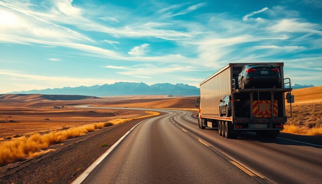 A vast, open highway winds through rolling hills and vast plains, stretching from the East Coast to the Rockies. In the foreground, a modern car carrier truck navigates the curving road, its cargo of automobiles securely strapped in place. The sky is a brilliant blue, dotted with wispy clouds, casting a warm, golden glow over the scene. In the distance, the majestic silhouettes of the Wasatch Range rise up, their snow-capped peaks cutting a dramatic profile against the horizon. The mood is one of efficiency, adventure, and the beauty of the American landscape, capturing the essence of a seamless car shipping journey from New Jersey to Utah. A vast, open highway winds through rolling hills and vast plains, stretching from the East Coast to the Rockies. In the foreground, a modern car carrier truck navigates the curving road, its cargo of automobiles securely strapped in place. The sky is a brilliant blue, dotted with wispy clouds, casting a warm, golden glow over the scene. In the distance, the majestic silhouettes of the Wasatch Range rise up, their snow-capped peaks cutting a dramatic profile against the horizon. The mood is one of efficiency, adventure, and the beauty of the American landscape, capturing the essence of a seamless car shipping journey from New Jersey to Utah.