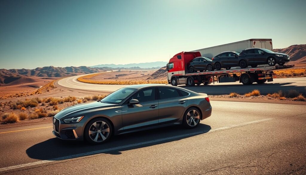 A vast, winding interstate highway stretches across a sun-dappled landscape, with a well-equipped car transport truck hauling multiple vehicles on its flatbed trailer. The truck's bold graphics and imposing size command attention, conveying the efficiency and reliability of the car shipping service. In the foreground, a sleek, modern sedan waits to be loaded, its gleaming exterior reflecting the bright, warm lighting. The background features distant rolling hills and a clear, azure sky, creating a sense of tranquility and open space. The overall scene evokes a seamless, stress-free car shipping experience from New Jersey to Utah. A vast, winding interstate highway stretches across a sun-dappled landscape, with a well-equipped car transport truck hauling multiple vehicles on its flatbed trailer. The truck's bold graphics and imposing size command attention, conveying the efficiency and reliability of the car shipping service. In the foreground, a sleek, modern sedan waits to be loaded, its gleaming exterior reflecting the bright, warm lighting. The background features distant rolling hills and a clear, azure sky, creating a sense of tranquility and open space. The overall scene evokes a seamless, stress-free car shipping experience from New Jersey to Utah.