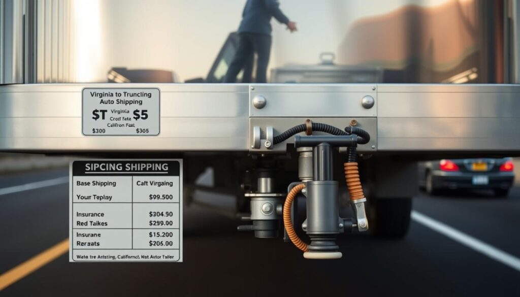 A well-lit close-up view of the rear end of a cargo trailer, its metallic surface gleaming. In the foreground, a prominent pricing sticker displays a breakdown of shipping costs, including base rates, insurance, and additional fees. The middle ground shows the trailer's sturdy hitch and suspension system, conveying the vehicle's secure transport. In the background, a blurred highway scene with passing cars suggests the journey from Virginia to California. The overall mood is one of professional efficiency and transparency, guiding the viewer through the key aspects of the auto shipping process. A well-lit close-up view of the rear end of a cargo trailer, its metallic surface gleaming. In the foreground, a prominent pricing sticker displays a breakdown of shipping costs, including base rates, insurance, and additional fees. The middle ground shows the trailer's sturdy hitch and suspension system, conveying the vehicle's secure transport. In the background, a blurred highway scene with passing cars suggests the journey from Virginia to California. The overall mood is one of professional efficiency and transparency, guiding the viewer through the key aspects of the auto shipping process.
