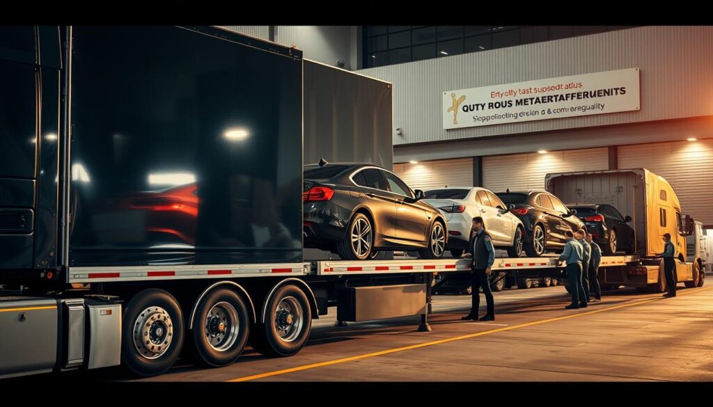 A well-lit, detailed scene of a professional car transport service. In the foreground, a large, gleaming semi-truck trailer designed for safely transporting multiple vehicles. The truck's exterior is meticulously polished, and the tires are freshly inflated. In the middle ground, a team of uniformed, experienced drivers carefully loading and securing cars onto the trailer using specialized equipment. The background features a modern, well-maintained logistics facility with signage indicating the company's commitment to quality and customer satisfaction. The lighting is warm and natural, creating a sense of efficiency and professionalism. The overall composition conveys the benefits of entrusting your vehicle to a reputable, reliable car transport service. A well-lit, detailed scene of a professional car transport service. In the foreground, a large, gleaming semi-truck trailer designed for safely transporting multiple vehicles. The truck's exterior is meticulously polished, and the tires are freshly inflated. In the middle ground, a team of uniformed, experienced drivers carefully loading and securing cars onto the trailer using specialized equipment. The background features a modern, well-maintained logistics facility with signage indicating the company's commitment to quality and customer satisfaction. The lighting is warm and natural, creating a sense of efficiency and professionalism. The overall composition conveys the benefits of entrusting your vehicle to a reputable, reliable car transport service.