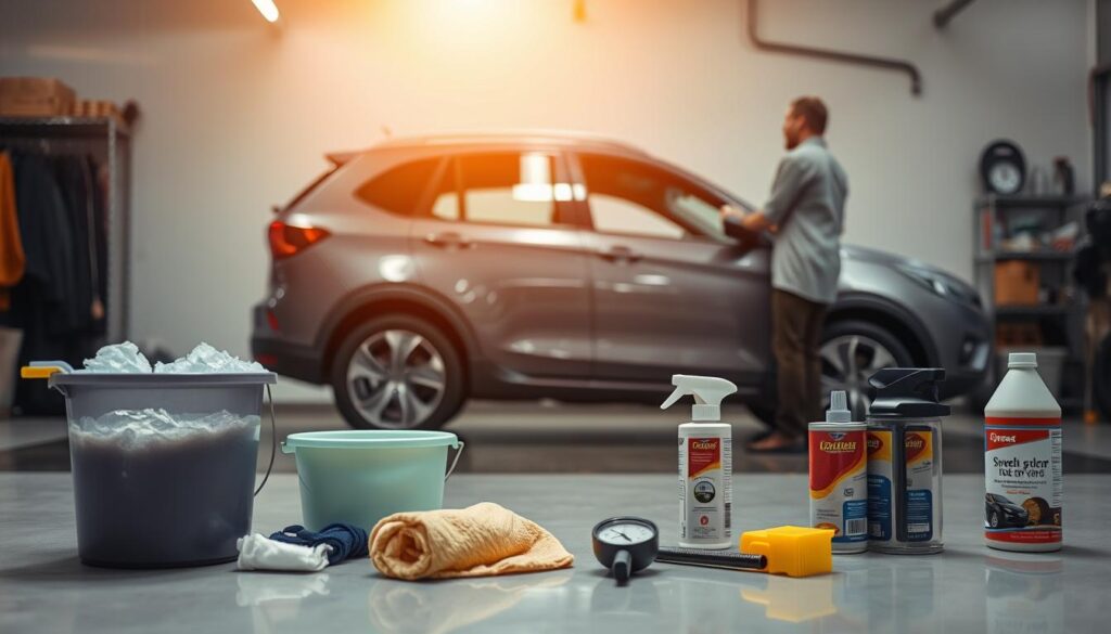 A well-lit garage scene, with a mid-size sedan positioned in the center. The car's exterior is gleaming, recently washed and polished. In the foreground, various car care tools and supplies are neatly arranged - a bucket of soapy water, a chamois cloth, a tire pressure gauge, and a can of car wax. The middle ground shows the owner, dressed in casual attire, carefully inspecting the vehicle's tires and undercarriage, ensuring everything is roadworthy. Soft, warm lighting casts a gentle glow, creating a serene, focused atmosphere as the owner prepares the car for its journey south. A well-lit garage scene, with a mid-size sedan positioned in the center. The car's exterior is gleaming, recently washed and polished. In the foreground, various car care tools and supplies are neatly arranged - a bucket of soapy water, a chamois cloth, a tire pressure gauge, and a can of car wax. The middle ground shows the owner, dressed in casual attire, carefully inspecting the vehicle's tires and undercarriage, ensuring everything is roadworthy. Soft, warm lighting casts a gentle glow, creating a serene, focused atmosphere as the owner prepares the car for its journey south.
