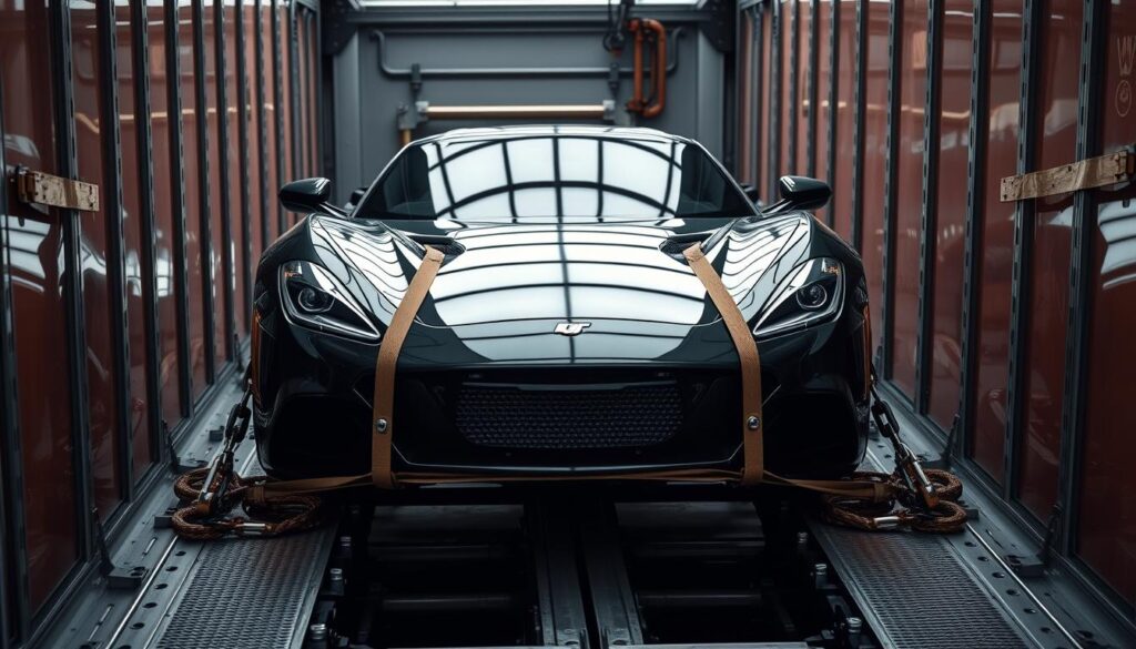 A well-lit, high-angle photograph showcasing the safe and secure transport of a sleek, gleaming sports car aboard a professional car shipping trailer. The car is positioned centrally, surrounded by sturdy tie-down straps and safety chains, indicating the care and attention taken to ensure its protected transit. The trailer's robust steel frame and specialized loading equipment are visible in the background, conveying the technical expertise and specialized equipment employed in professional vehicle shipping services. The scene radiates a sense of reliability, expertise, and the peace of mind that comes with entrusting one's prized automobile to experienced car transport professionals.