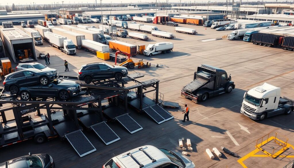 A well-lit, high-angle shot of a busy vehicle transport depot. In the foreground, a row of shiny, newly-loaded car carriers stand ready to depart, their hydraulic loading ramps extended. In the middle ground, skilled operators carefully maneuver vehicles onto the carriers using specialized equipment. The background features a sprawling facility with multiple loading bays, warehouses, and a fleet of transport trucks awaiting their next cargo. The scene conveys a sense of efficiency, professionalism, and the scale of a modern vehicle transport operation.