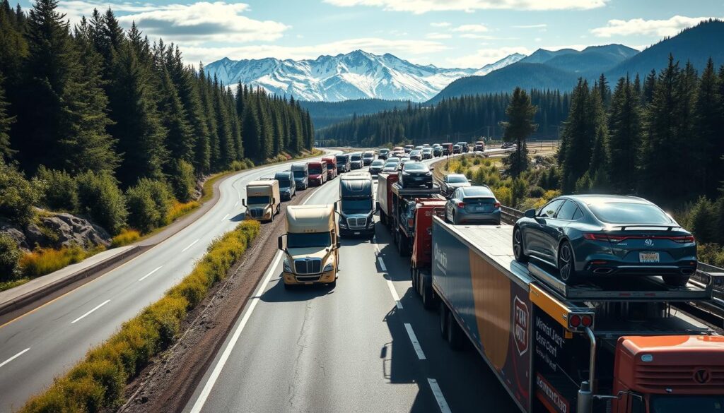 A well-lit, high-angle view of a fleet of auto transport trucks on a busy highway in Washington state. The trucks are carrying various models of cars, their cargo securely fastened on the open flatbeds. The trucks are painted in vibrant colors, their logos and branding prominently displayed. The road winds through lush, verdant landscapes, with snow-capped mountains visible in the distance. The scene conveys a sense of efficiency, reliability, and the importance of the car hauling industry in the region. A well-lit, high-angle view of a fleet of auto transport trucks on a busy highway in Washington state. The trucks are carrying various models of cars, their cargo securely fastened on the open flatbeds. The trucks are painted in vibrant colors, their logos and branding prominently displayed. The road winds through lush, verdant landscapes, with snow-capped mountains visible in the distance. The scene conveys a sense of efficiency, reliability, and the importance of the car hauling industry in the region.