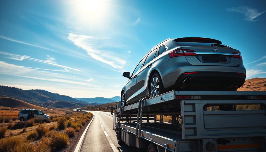 A well-lit, high-resolution photograph of a reliable, mid-sized sedan being transported on an open-deck car carrier truck against a scenic, sun-dappled highway landscape. The truck features a sturdy metal frame, secure tie-down straps, and a clean, well-maintained exterior. The sedan appears undamaged and is positioned securely on the carrier. The background showcases rolling hills, lush vegetation, and a clear, blue sky with wispy clouds. The lighting is soft and natural, creating a sense of calm and reassurance. The overall composition conveys the dependability and safety of professional vehicle shipping services. A well-lit, high-resolution photograph of a reliable, mid-sized sedan being transported on an open-deck car carrier truck against a scenic, sun-dappled highway landscape. The truck features a sturdy metal frame, secure tie-down straps, and a clean, well-maintained exterior. The sedan appears undamaged and is positioned securely on the carrier. The background showcases rolling hills, lush vegetation, and a clear, blue sky with wispy clouds. The lighting is soft and natural, creating a sense of calm and reassurance. The overall composition conveys the dependability and safety of professional vehicle shipping services.