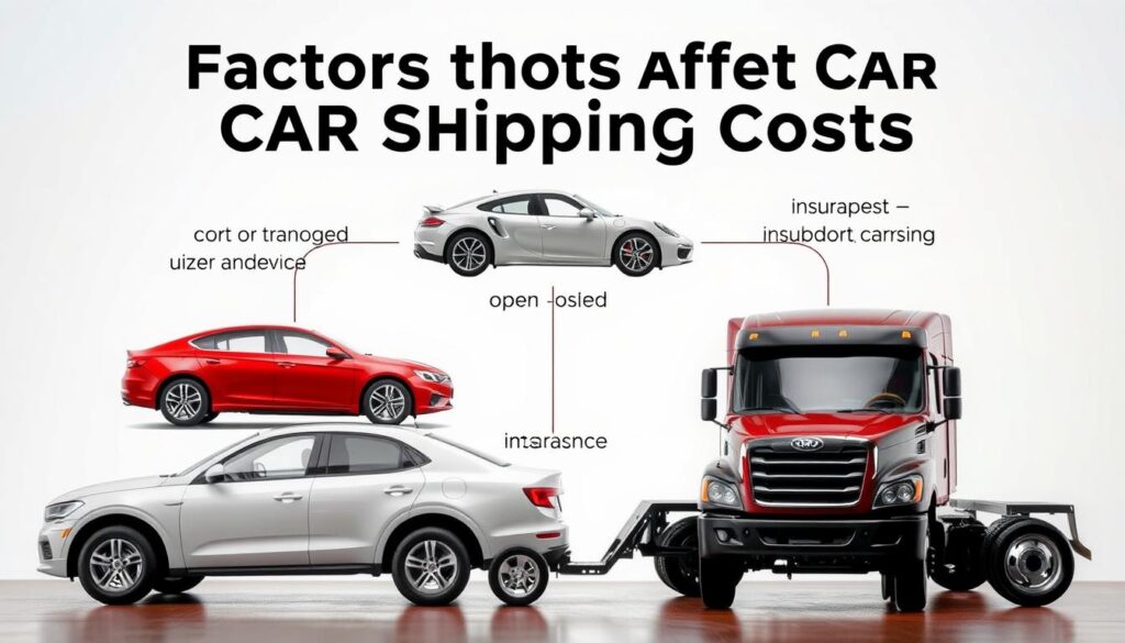 A well-lit, high-resolution photograph of various factors that affect car shipping costs, such as vehicle size and weight, shipping distance, transport method (open or enclosed carrier), insurance coverage, and seasonal demand. The image shows these elements arranged in a clear, organized manner against a neutral background, with a sense of depth and perspective. The lighting is bright and even, highlighting the details of each factor. The composition is balanced and visually appealing, with the key elements clearly displayed for easy comprehension. A well-lit, high-resolution photograph of various factors that affect car shipping costs, such as vehicle size and weight, shipping distance, transport method (open or enclosed carrier), insurance coverage, and seasonal demand. The image shows these elements arranged in a clear, organized manner against a neutral background, with a sense of depth and perspective. The lighting is bright and even, highlighting the details of each factor. The composition is balanced and visually appealing, with the key elements clearly displayed for easy comprehension.