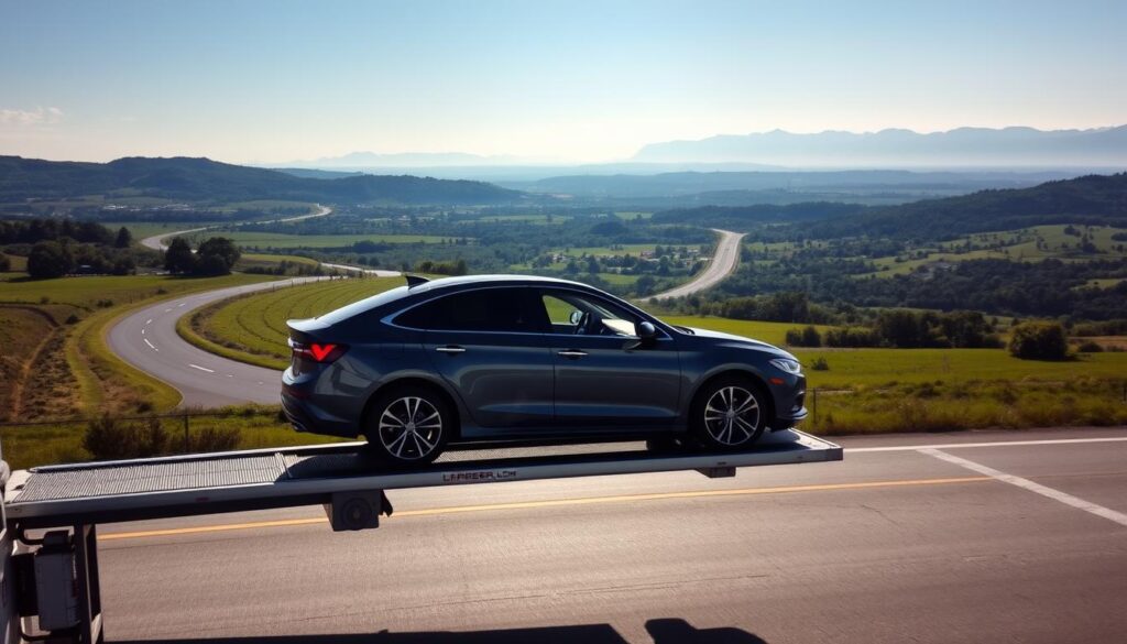 A well-lit highway scene stretching from the iconic skyscrapers of New York City to the rolling hills and farmlands of Ohio. In the foreground, a modern sedan or SUV is being loaded onto a specialized car transport truck, its glossy paint reflecting the sunlight. The middle ground features the winding road cutting through the lush, verdant countryside, with distant mountains forming a hazy backdrop. The lighting is soft and natural, creating a sense of tranquility and efficiency. The camera angle is slightly elevated, providing a comprehensive view of the vehicle shipping process against the sprawling landscape.