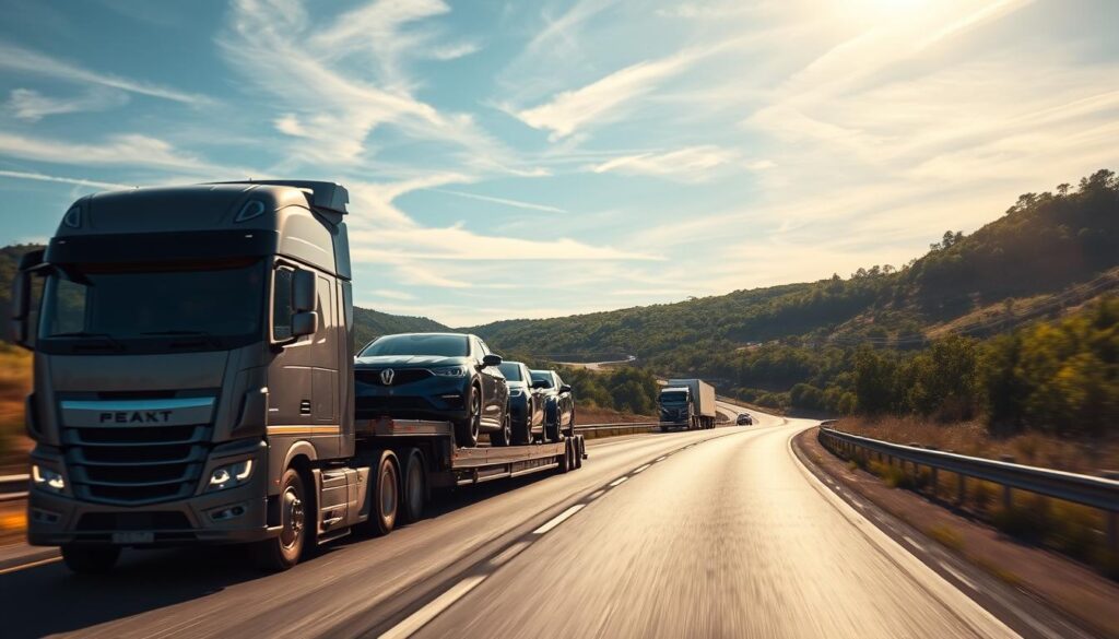 A well-lit highway scene with a modern automobile transport truck transporting several cars southbound on the open road. In the foreground, the truck's cab and trailer are clearly visible, showcasing the vehicle's sleek, aerodynamic design. The middle ground features rolling hills and lush green foliage, hinting at the transition from Virginia's temperate climate to Florida's warmer, subtropical environment. The background is filled with a clear, blue sky dotted with wispy clouds, creating a sense of tranquility and adventure. The lighting is warm and natural, casting a golden glow over the entire scene, evoking the comfort and ease of a seamless vehicle relocation journey from north to south. A well-lit highway scene with a modern automobile transport truck transporting several cars southbound on the open road. In the foreground, the truck's cab and trailer are clearly visible, showcasing the vehicle's sleek, aerodynamic design. The middle ground features rolling hills and lush green foliage, hinting at the transition from Virginia's temperate climate to Florida's warmer, subtropical environment. The background is filled with a clear, blue sky dotted with wispy clouds, creating a sense of tranquility and adventure. The lighting is warm and natural, casting a golden glow over the entire scene, evoking the comfort and ease of a seamless vehicle relocation journey from north to south.
