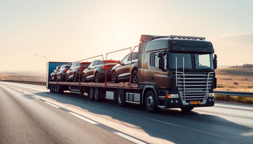 A well-lit, large cargo trailer carefully transporting multiple cars on a smooth highway. The scene features a prominent, modern car transport truck with an expansive, secure loading deck and sturdy tie-downs securing the vehicles. In the foreground, the focus is on the safety protocols, with the driver meticulously inspecting the load. The mid-ground showcases the truck's impressive size and design, conveying a sense of reliability and professionalism. In the background, a scenic landscape of rolling hills and clear skies creates a calming, peaceful atmosphere. The lighting is soft and natural, highlighting the attention to detail and care taken in the car transport process. A well-lit, large cargo trailer carefully transporting multiple cars on a smooth highway. The scene features a prominent, modern car transport truck with an expansive, secure loading deck and sturdy tie-downs securing the vehicles. In the foreground, the focus is on the safety protocols, with the driver meticulously inspecting the load. The mid-ground showcases the truck's impressive size and design, conveying a sense of reliability and professionalism. In the background, a scenic landscape of rolling hills and clear skies creates a calming, peaceful atmosphere. The lighting is soft and natural, highlighting the attention to detail and care taken in the car transport process.