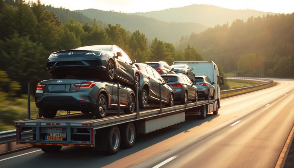 A well-lit, mid-shot image of a car transport truck transporting several vehicles from New Jersey to Florida. The truck is driving on a highway, with lush green forests and rolling hills in the background. The truck's cargo bay is filled with a diverse range of cars, from sedans to SUVs, all securely strapped down. The lighting is soft and warm, creating a sense of comfort and reliability. The angle is slightly elevated, giving the viewer a clear view of the entire scene. The overall atmosphere conveys a smooth, hassle-free car transport experience from the East Coast to the Sunshine State. A well-lit, mid-shot image of a car transport truck transporting several vehicles from New Jersey to Florida. The truck is driving on a highway, with lush green forests and rolling hills in the background. The truck's cargo bay is filled with a diverse range of cars, from sedans to SUVs, all securely strapped down. The lighting is soft and warm, creating a sense of comfort and reliability. The angle is slightly elevated, giving the viewer a clear view of the entire scene. The overall atmosphere conveys a smooth, hassle-free car transport experience from the East Coast to the Sunshine State.