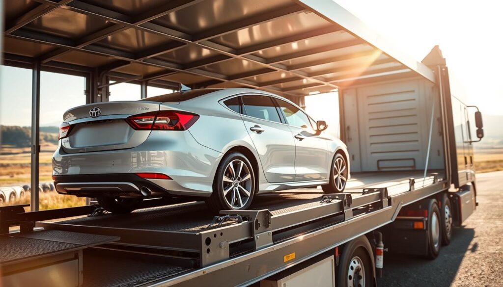 A well-lit, wide-angle photograph showcasing the benefits of open car transport. In the foreground, a gleaming, newly transported vehicle sits on an open-air car carrier, its pristine condition and polished exterior highlighting the safe and secure nature of the service. The middle ground features the carrier itself, its sturdy steel frame and efficient design conveying reliability and care. In the background, a scenic landscape unfolds, suggesting the convenience and flexibility of this transportation method. The lighting is warm and natural, casting a soft glow on the scene and creating an inviting, professional atmosphere. The overall composition emphasizes the advantages of open car transport: protection, efficiency, and the ability to seamlessly move vehicles across different environments. A well-lit, wide-angle photograph showcasing the benefits of open car transport. In the foreground, a gleaming, newly transported vehicle sits on an open-air car carrier, its pristine condition and polished exterior highlighting the safe and secure nature of the service. The middle ground features the carrier itself, its sturdy steel frame and efficient design conveying reliability and care. In the background, a scenic landscape unfolds, suggesting the convenience and flexibility of this transportation method. The lighting is warm and natural, casting a soft glow on the scene and creating an inviting, professional atmosphere. The overall composition emphasizes the advantages of open car transport: protection, efficiency, and the ability to seamlessly move vehicles across different environments.