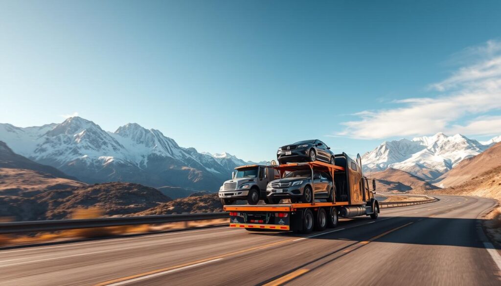 A wide-angle image of a well-lit, modern cross-country car transport truck navigating winding mountain roads, with sweeping vistas of rugged, snow-capped peaks in the background. The truck is hauling multiple vehicles, its trailer painted in bold, contrasting colors that catch the sunlight. The scene conveys a sense of scale, efficiency, and the challenges of long-distance vehicle transport, set against the grandeur of the natural landscape. A wide-angle image of a well-lit, modern cross-country car transport truck navigating winding mountain roads, with sweeping vistas of rugged, snow-capped peaks in the background. The truck is hauling multiple vehicles, its trailer painted in bold, contrasting colors that catch the sunlight. The scene conveys a sense of scale, efficiency, and the challenges of long-distance vehicle transport, set against the grandeur of the natural landscape.
