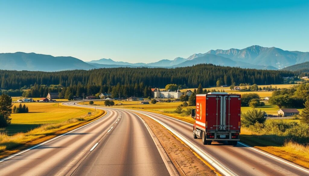 A wide panoramic view of a smooth highway winding through lush, verdant landscapes, capturing the journey from the sun-drenched shores of Florida to the rolling hills of North Carolina. In the foreground, an iconic moving truck with its cargo of household belongings navigates the open road, its red and white livery gleaming in the warm sunlight. In the middle ground, quaint towns and small cities dot the countryside, hinting at the diverse communities that dot the route. The background is dominated by towering pine forests and majestic mountains, their peaks shrouded in a soft, hazy blue. The overall atmosphere conveys a sense of adventure and the excitement of a new chapter, with the moving truck symbolizing the transition from one state to another. A wide panoramic view of a smooth highway winding through lush, verdant landscapes, capturing the journey from the sun-drenched shores of Florida to the rolling hills of North Carolina. In the foreground, an iconic moving truck with its cargo of household belongings navigates the open road, its red and white livery gleaming in the warm sunlight. In the middle ground, quaint towns and small cities dot the countryside, hinting at the diverse communities that dot the route. The background is dominated by towering pine forests and majestic mountains, their peaks shrouded in a soft, hazy blue. The overall atmosphere conveys a sense of adventure and the excitement of a new chapter, with the moving truck symbolizing the transition from one state to another.