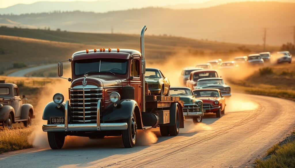 An antique hotshot car hauler rumbles down a winding country road, kicking up dust in its wake. In the foreground, the rugged vehicle cuts an imposing figure, its chrome grill and powerful engine evoking the glory days of America's automotive past. The middle ground showcases a diverse array of vintage automobiles, each a testament to the rich history of car culture. In the distance, a rolling landscape of hills and farmland frames the scene, bathed in the warm glow of a setting sun. The overall atmosphere is one of nostalgia and adventure, capturing the spirit of the evolving hotshot car hauling industry that has connected enthusiasts and collectors across the nation for generations. An antique hotshot car hauler rumbles down a winding country road, kicking up dust in its wake. In the foreground, the rugged vehicle cuts an imposing figure, its chrome grill and powerful engine evoking the glory days of America's automotive past. The middle ground showcases a diverse array of vintage automobiles, each a testament to the rich history of car culture. In the distance, a rolling landscape of hills and farmland frames the scene, bathed in the warm glow of a setting sun. The overall atmosphere is one of nostalgia and adventure, capturing the spirit of the evolving hotshot car hauling industry that has connected enthusiasts and collectors across the nation for generations.