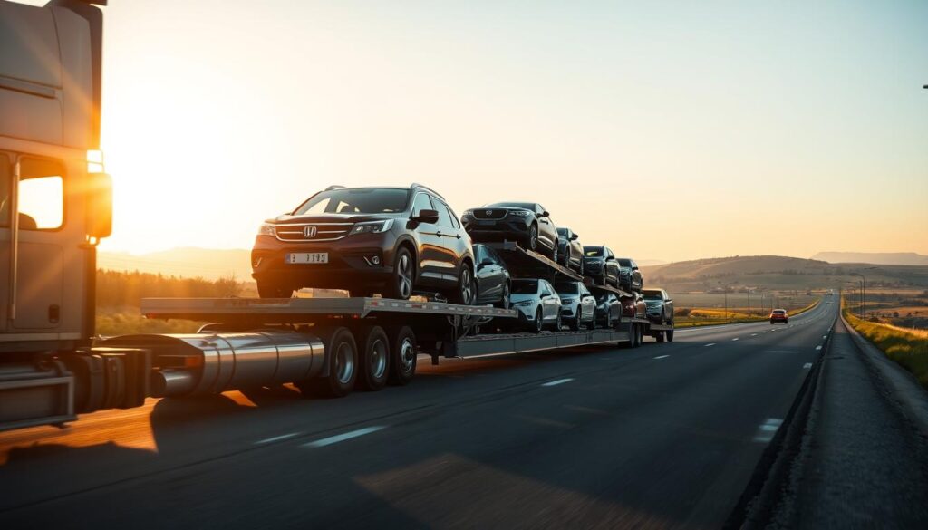 An auto transport service truck hauling multiple vehicles on a long stretch of highway, the sun casting a warm glow across the scene. In the foreground, the truck's cab and trailer are meticulously detailed, the driver focused on the road ahead. In the middle ground, the various cars and SUVs being transported sway gently, their colors and models reflecting the diverse needs of customers. The background features a picturesque landscape of rolling hills, dotted with trees and punctuated by the distant horizon. The overall atmosphere conveys a sense of efficiency, reliability, and professionalism in the auto transport industry. An auto transport service truck hauling multiple vehicles on a long stretch of highway, the sun casting a warm glow across the scene. In the foreground, the truck's cab and trailer are meticulously detailed, the driver focused on the road ahead. In the middle ground, the various cars and SUVs being transported sway gently, their colors and models reflecting the diverse needs of customers. The background features a picturesque landscape of rolling hills, dotted with trees and punctuated by the distant horizon. The overall atmosphere conveys a sense of efficiency, reliability, and professionalism in the auto transport industry.
