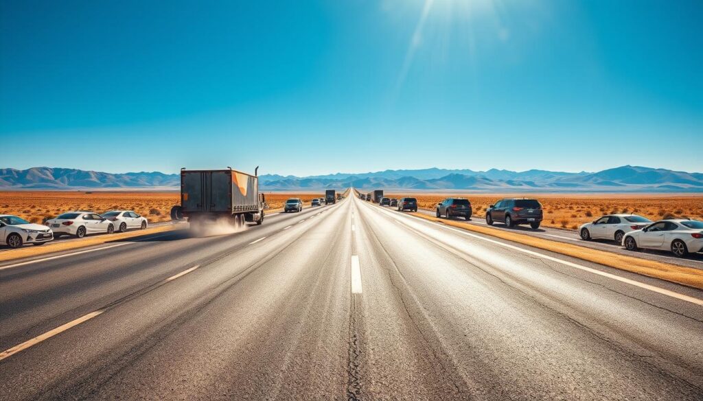 An empty highway stretches out under a clear blue sky, with a large semi-truck transporting a row of shiny cars in the foreground. The truck's trailer is painted in bright colors, its tires kicking up a swirl of dust as it glides along the asphalt. In the middle ground, smaller transport vehicles can be seen ferrying individual cars, their cargo securely fastened. In the distance, a sun-dappled landscape of rolling hills and towering mountains creates a picturesque backdrop, conveying the vast scale of cross-country vehicle shipping. The scene exudes a sense of efficiency, reliability, and the seamless movement of automobiles across vast distances. An empty highway stretches out under a clear blue sky, with a large semi-truck transporting a row of shiny cars in the foreground. The truck's trailer is painted in bright colors, its tires kicking up a swirl of dust as it glides along the asphalt. In the middle ground, smaller transport vehicles can be seen ferrying individual cars, their cargo securely fastened. In the distance, a sun-dappled landscape of rolling hills and towering mountains creates a picturesque backdrop, conveying the vast scale of cross-country vehicle shipping. The scene exudes a sense of efficiency, reliability, and the seamless movement of automobiles across vast distances.