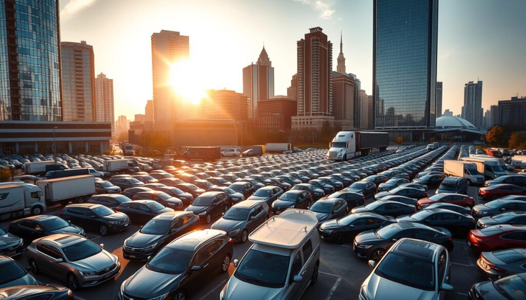 An expansive parking lot in downtown Atlanta, crowded with rows of gleaming cars awaiting transport. The sun casts a warm glow, illuminating the scene with a golden light. In the foreground, a fleet of sleek auto transport trucks, their trailers loaded with vehicles destined for destinations across the region. Towering skyscrapers and the iconic skyline of Atlanta form the backdrop, creating a dynamic urban setting. The image conveys the growing demand for efficient car transport services to meet the needs of the bustling city and its thriving automotive industry. An expansive parking lot in downtown Atlanta, crowded with rows of gleaming cars awaiting transport. The sun casts a warm glow, illuminating the scene with a golden light. In the foreground, a fleet of sleek auto transport trucks, their trailers loaded with vehicles destined for destinations across the region. Towering skyscrapers and the iconic skyline of Atlanta form the backdrop, creating a dynamic urban setting. The image conveys the growing demand for efficient car transport services to meet the needs of the bustling city and its thriving automotive industry.