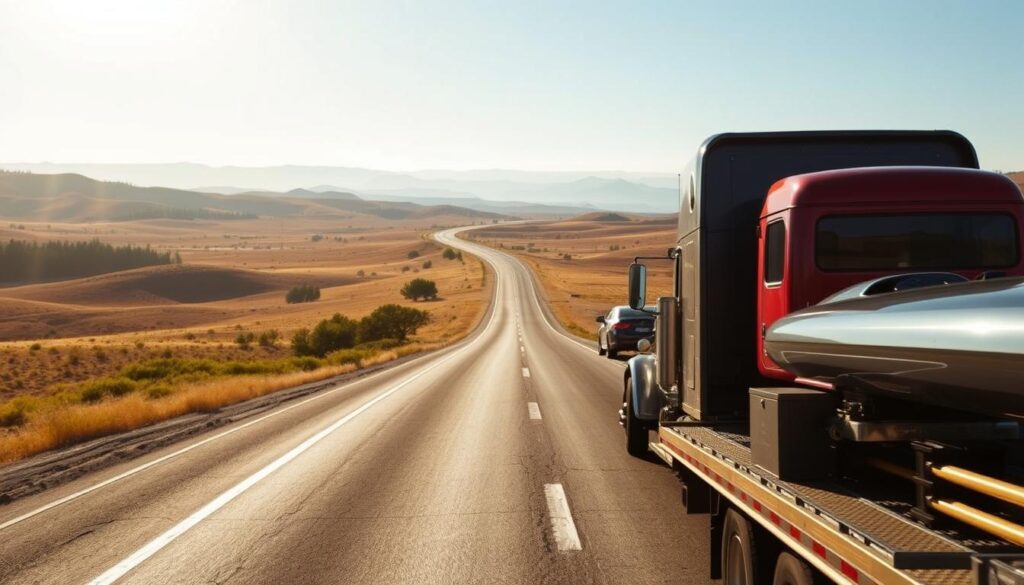 An open highway stretches across a vast, sun-drenched landscape, dotted with rolling hills and swaying trees. In the foreground, a gleaming auto transport truck hauls a trio of shiny cars, their glossy exteriors reflecting the warm, golden light. The truck's chrome accents and powerful engine convey a sense of efficient, reliable transportation. In the middle ground, the winding road leads towards the horizon, where the silhouettes of distant mountains loom under a hazy, blue sky. The scene evokes a journey filled with anticipation and the promise of new destinations, capturing the essence of "Understanding the Maryland to Texas Auto Transport Route". An open highway stretches across a vast, sun-drenched landscape, dotted with rolling hills and swaying trees. In the foreground, a gleaming auto transport truck hauls a trio of shiny cars, their glossy exteriors reflecting the warm, golden light. The truck's chrome accents and powerful engine convey a sense of efficient, reliable transportation. In the middle ground, the winding road leads towards the horizon, where the silhouettes of distant mountains loom under a hazy, blue sky. The scene evokes a journey filled with anticipation and the promise of new destinations, capturing the essence of "Understanding the Maryland to Texas Auto Transport Route".