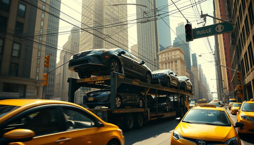 Bustling New York City traffic, with towering skyscrapers and yellow cabs weaving through congested streets. In the foreground, a car carrier truck navigates tight turns, its cargo of shiny vehicles precariously balanced. The driver navigates narrow alleys and merges with aggressive drivers, their faces blurred with motion blur. Overhead, a tangled web of power lines and traffic signals cast dynamic shadows, creating a moody, gritty atmosphere. Sunlight filters through the urban haze, casting warm, golden tones that highlight the challenges of auto transport in this dynamic metropolis. Bustling New York City traffic, with towering skyscrapers and yellow cabs weaving through congested streets. In the foreground, a car carrier truck navigates tight turns, its cargo of shiny vehicles precariously balanced. The driver navigates narrow alleys and merges with aggressive drivers, their faces blurred with motion blur. Overhead, a tangled web of power lines and traffic signals cast dynamic shadows, creating a moody, gritty atmosphere. Sunlight filters through the urban haze, casting warm, golden tones that highlight the challenges of auto transport in this dynamic metropolis.