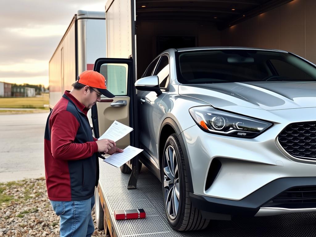 Car being delivered to customer in Texas with inspection taking place